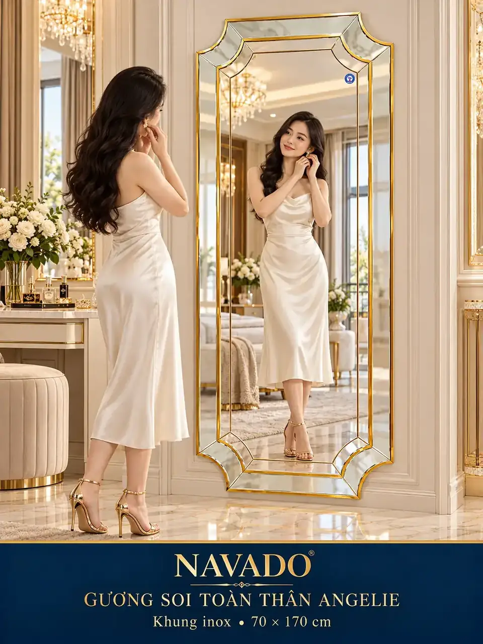 Gương soi toàn thân khung inox Angelie 70 × 170 cm