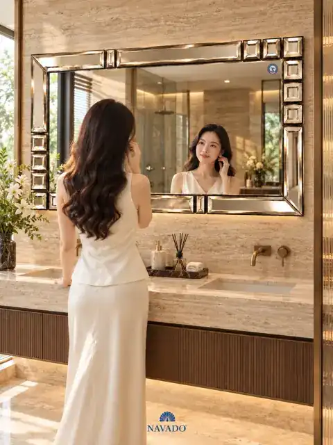 Gương nghệ thuật Charlotte 150 × 100 cm trong phòng tắm — góc 1