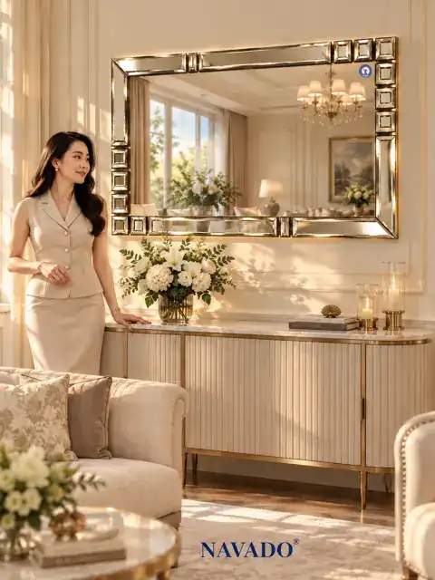 Gương nghệ thuật Charlotte 150 × 100 cm trong phòng khách — góc 4
