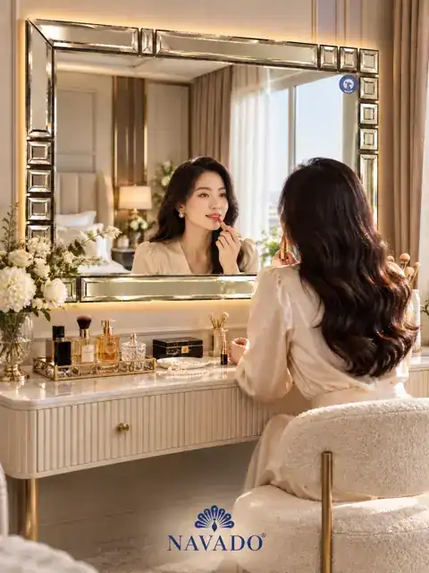 Gương nghệ thuật Charlotte 150 × 100 cm trong bàn trang điểm — góc 3