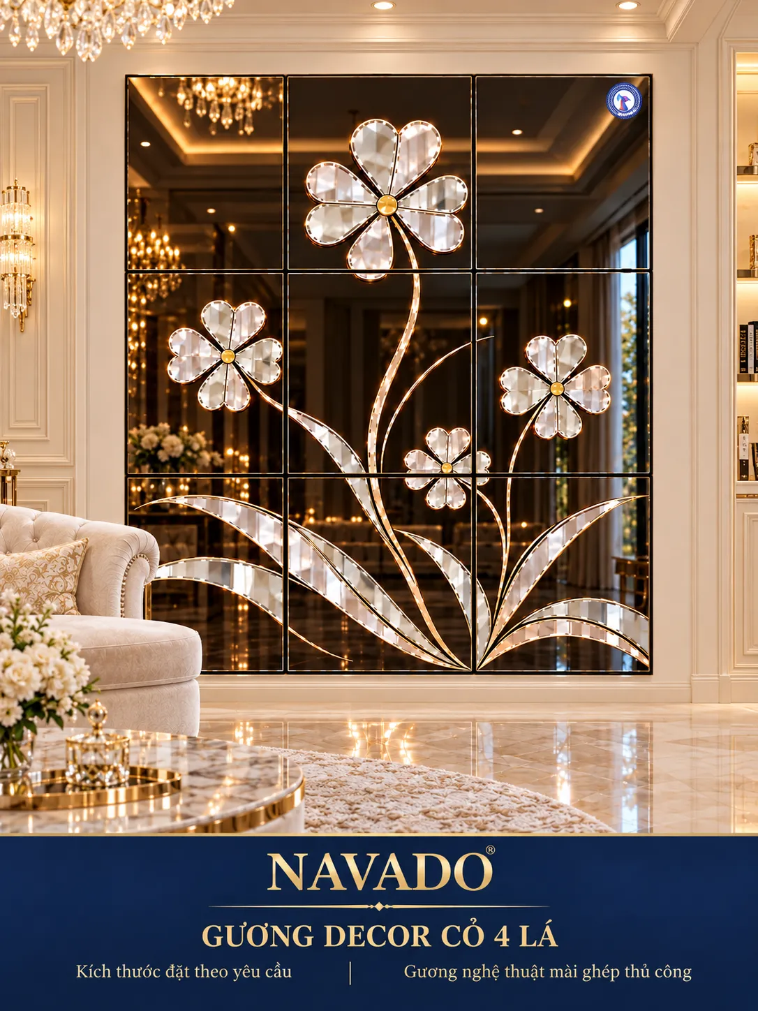 Gương decor phòng khách Cỏ 4 Lá