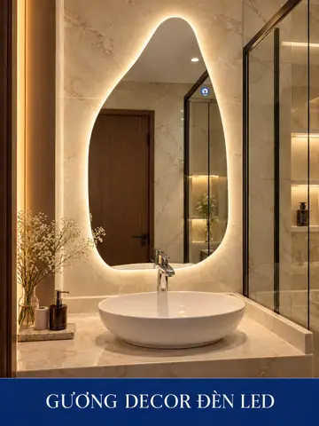 Gương decor đèn LED 60 × 90 cm — phòng tắm đá kem