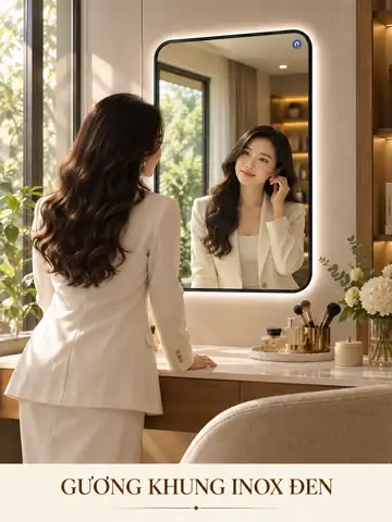 Gương khung inox đen 60 × 90 cm — góc trang điểm khách sạn