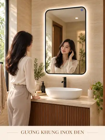Gương khung inox đen 60 × 90 cm — phòng tắm travertine có người mẫu Việt Nam
