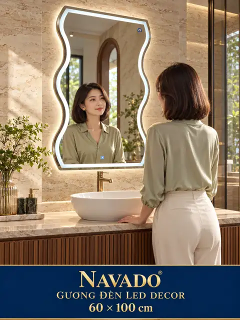 Gương đèn LED decor lượn sóng 60 × 100 cm — phòng tắm hiện đại cùng người mẫu Việt Nam